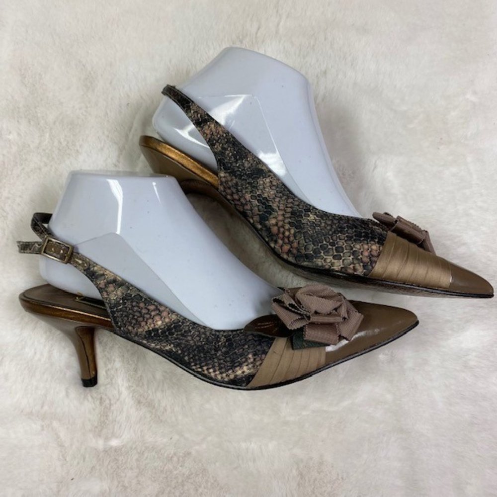 Beverly Feldman VINTAGE Patent Faux Snakeskin Rosette Slingback Heels, size 8.5 - Picture 6 of 16